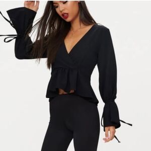 NWT Pretty Little Thing Black Chiffon Deep Plunge Blouse Size 12